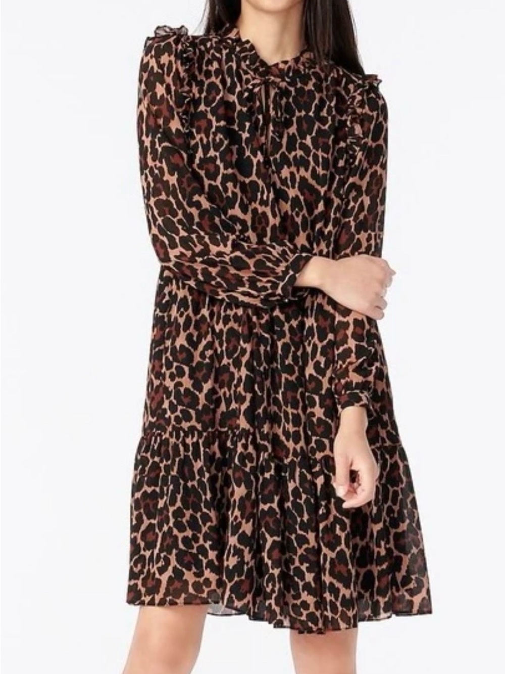 J. Crew Brown and Black Leopard-Print Long-Sleeve Dress